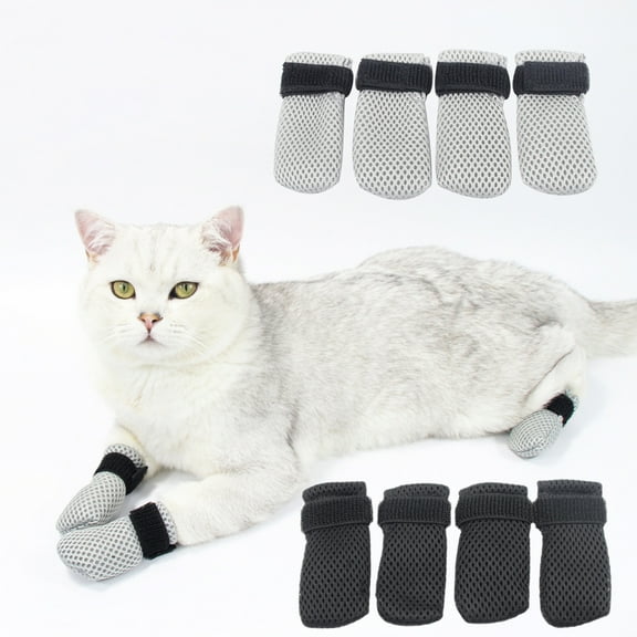 Skymirror 4 Pcs Cat Socks Anti-Scratch Anti Skid Protective Friendly to Skin 2 Sizes Elastic Soft Fabric Durable Non-Slip Cat Foot Cover Cat Supplies