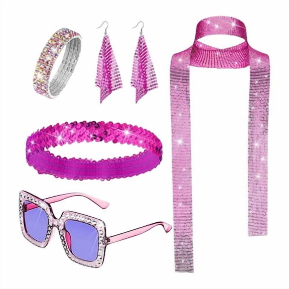 Skymirror 5 Pcs/Set Women Jewelry Set Sequin Rhinestone Decor Vintage 60s 70s Disco Party Favors Cosplay Earrings Sunglasses Bracelet Headband Scarf Set