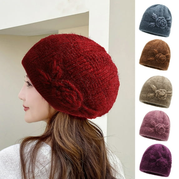 Skymirror Autumn Winter Women Knitted Hat Flower Solid Color Brimless Dome Windproof Thickened Plush Lining Beanie Hat Streetwear