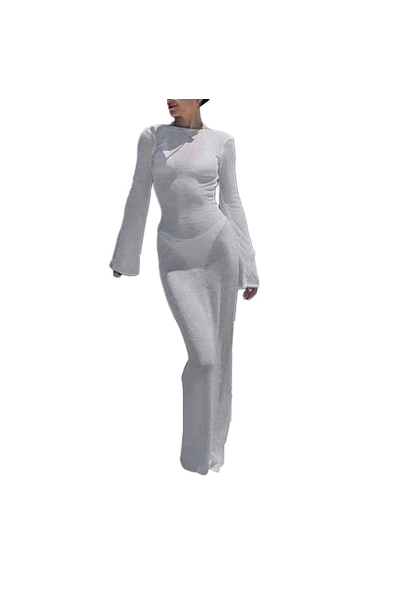 Beach Cover up Dress See through Round Neck Long Sleeves Slim Fit Skinny Lace up Backless Elastic Sun Anti UV Floor Length Lady Swimsuit Dress