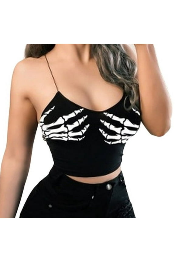 Bodycon Crop Top Hand Print Gothic Sexy Close Fit Low Cut Camisole Clubwear