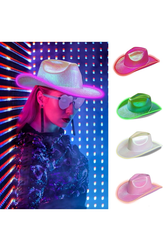 Bright Colors Cowboy Hat Wide Brim Hemming Windproof Rope Halloween Holographic LED Light Jazz Hat Fashion Accessories