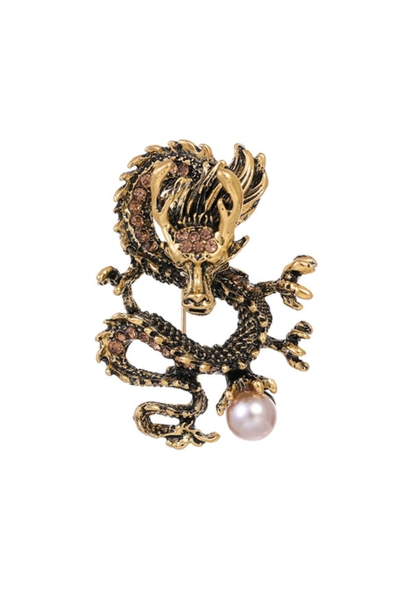 Chinese Style Brooch Men Enamel Dragon Shape Faux Pearl Pin Clothing Coat Badge Jewelry Party Accessories