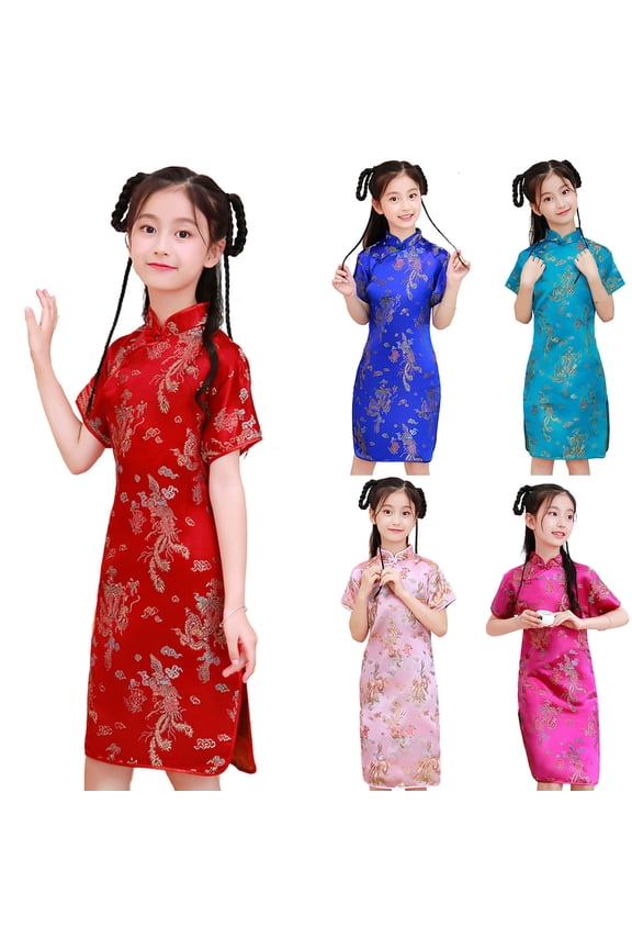 Chinese Toddler Girls Dress Peony Rose Qipao Princess Short Sleeve Cheongsam Wedding Dresses Princess Birthday Party Costume