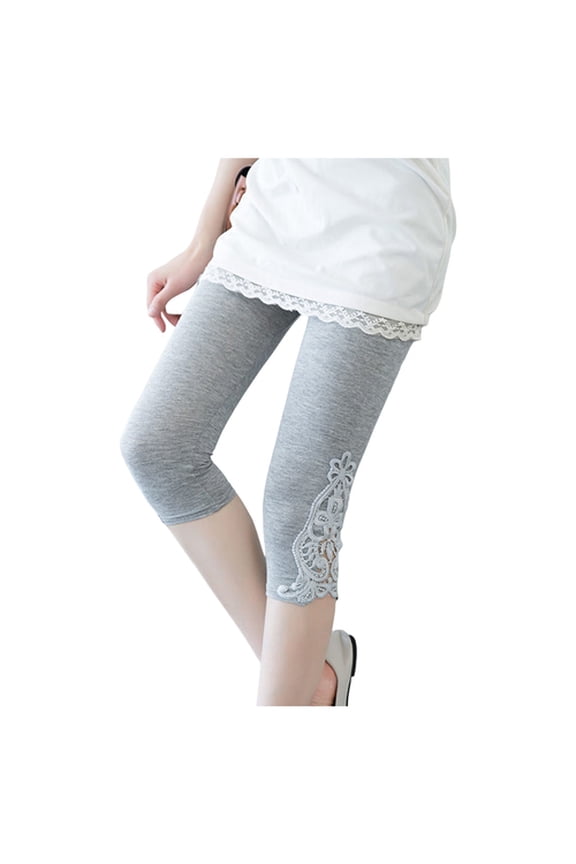 Cropped Leggings Women Elastic Waist Embroidery Lace Stitching Summer Stretchy Cropped Pants Thin Tight-Fitting Pants