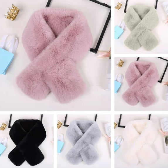 Skymirror Cross Scarf Faux Rabbit Fur Thickened Soft Cozy Plush Cold Resistant Solid Color Autumn Winter Women Neck Warmer Collar Scarf for Daily Life