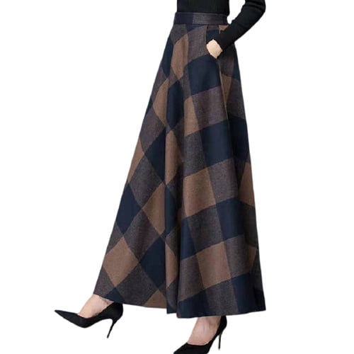 Skymirror Elastic Waist Side Pockets Large Hem Plus Size Retro Skirt Autumn Winter Plaid Print High Waist A-Line Maxi Skirt Female Clothing