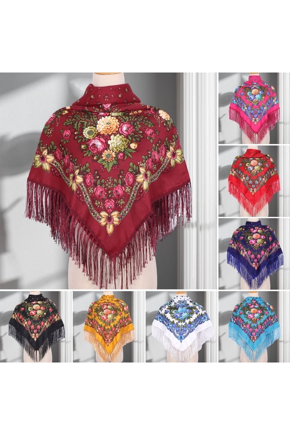 Ethic Style Floral Print Shawl Fringed Elegant Soft Warm Fall Winter Middle-Aged Elderly Women Square Blanket Scarf Neck Wrap