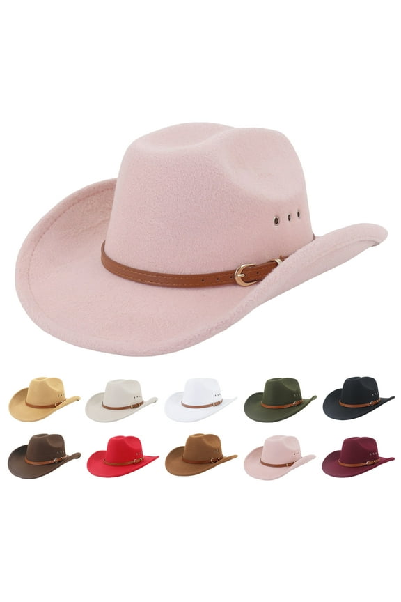 Ethnic Style Wide Brim Hemming Faux Leather Belt Decor Jazz Hat Western Cowboy Cowgirl Fedora Hat Fashion Accessories