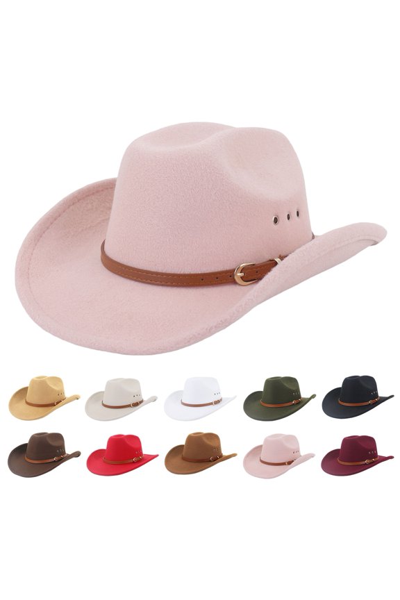 Ethnic Style Wide Brim Hemming Faux Leather Belt Decor Jazz Hat Western Cowboy Cowgirl Fedora Hat Fashion Accessories