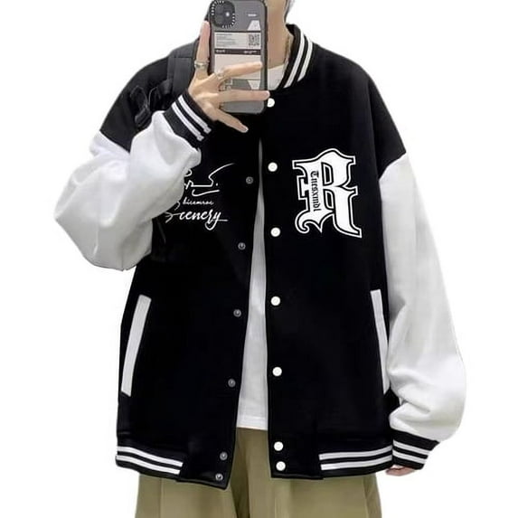 Skymirror Fall Winter Men Baseball Coat Letter Print Stand Collar Loose High Street Style Single-breasted Elastic Striped Cuff Color Matching Men Jacket