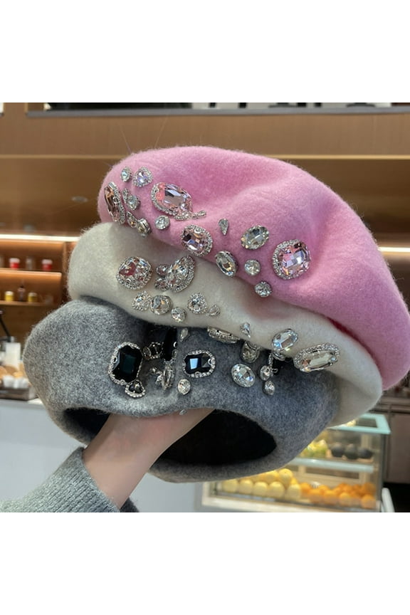 French Beret Thick Rhinestone Decor Solid Color Brimless Thermal Decorative Wool Artist French Style Painter Hat Women Headwear