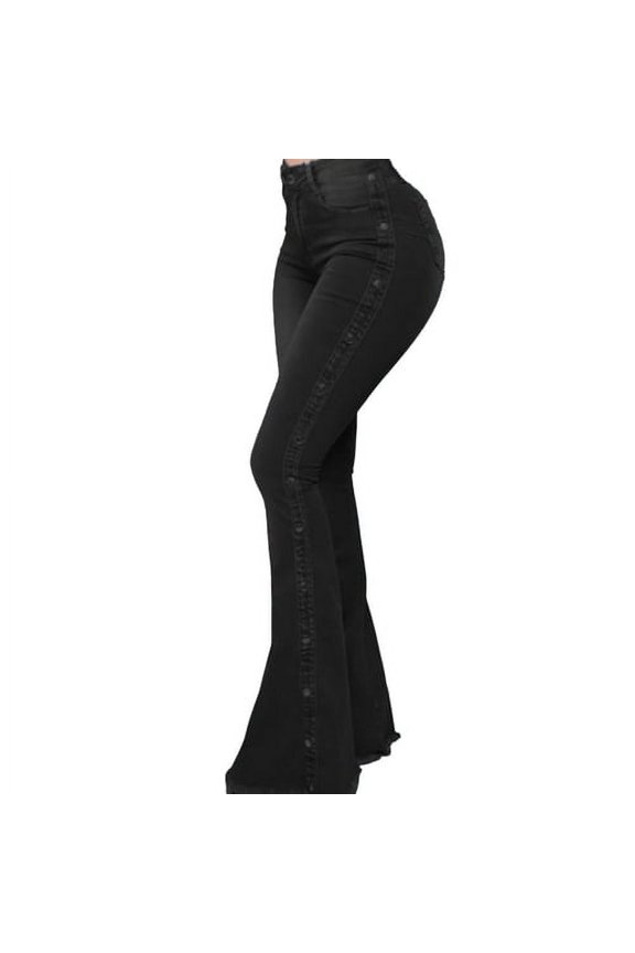 High Waist Multi Pockets Button Fly Hip Lifting Flare Jeans Washed Rivet Decor Wide Leg Flare Denim Pants Streetwear