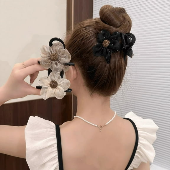 Skymirror Ladies Hair Clip Scalp-friendly Gauze Floral Hair Clip Long Lasting Half-Up Ponytail Shark Clip Grab Clip for Women Chignon