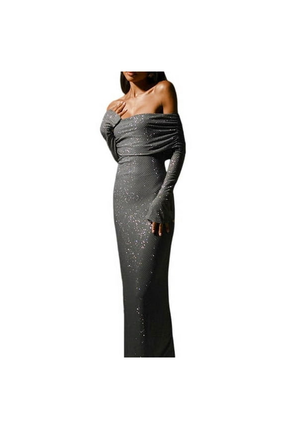 Lady Evening Dress Bateau Neckline Off Shoulder Long Sleeves Shimmering Sequin Bronzing Strapless Bodycon Prom Cocktail Party Maxi Dress