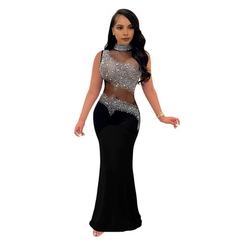 Skymirror Lady Evening Dress Rhinestone Decor Mesh Patchwork Sleeveless  Skinny Round Neck Wedding Party Maxi Dress for Prom Club Formal Banquet -  Walmart.com