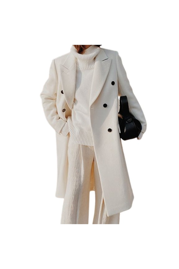 Lapel Double Breasted Woolen Suit Jacket Long Sleeve Solid Color Long Woolen Elegant Coat Female Clothing