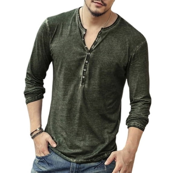 Skymirror Long Sleeve Men T-shirt Solid Color Casual V Neck Thin Buttons T-shirt Male Clothing
