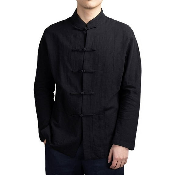 Skymirror Men Autumn Chinese Style Shirt Top Mandarin Collar Long Sleeve Pockets Disc Button Traditional Kung Fu Tai Chi Shirt Tang Tops Uniform