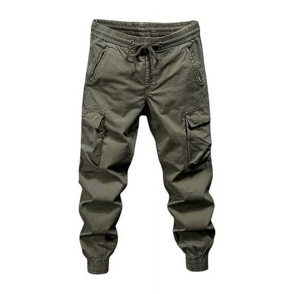 Skymirror Men Cargo Pants Drawstring Elastic Waist Loose Multi Pockets Solid Color Soft Breathable Ankle-banded Daily Sports Streetwear Hip Hop Long Trousers