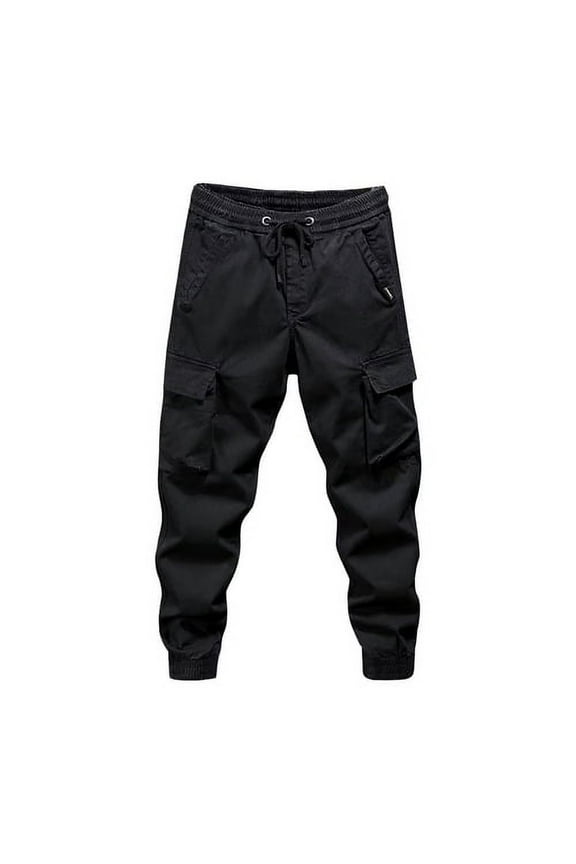 Men Cargo Pants Drawstring Elastic Waist Loose Multi Pockets Solid Color Soft Breathable Ankle-banded Daily Sports Streetwear Hip Hop Long Trousers