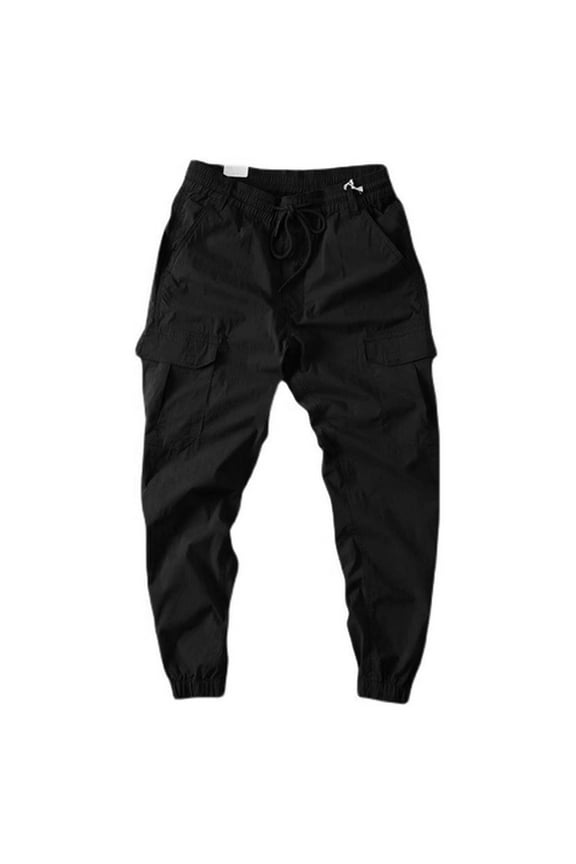 Men Cargo Pants Solid Color Drawstring Flap Pockets Elastic Waist Ankle-banded Jogger Trousers Daily Clothes