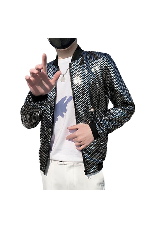 Men Coat Fashionable Baseball Uniform Style Sequined Jacket Stand Collar Thin Coat for Club Stage Streetwear