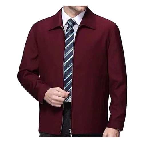 Skymirror Men Fall Spring Coat Turn-down Collar Smooth Zipper Closure Cardigan Long Sleeve Solid Color Smooth Thin Loose Mid-aged Father Daily Jacket