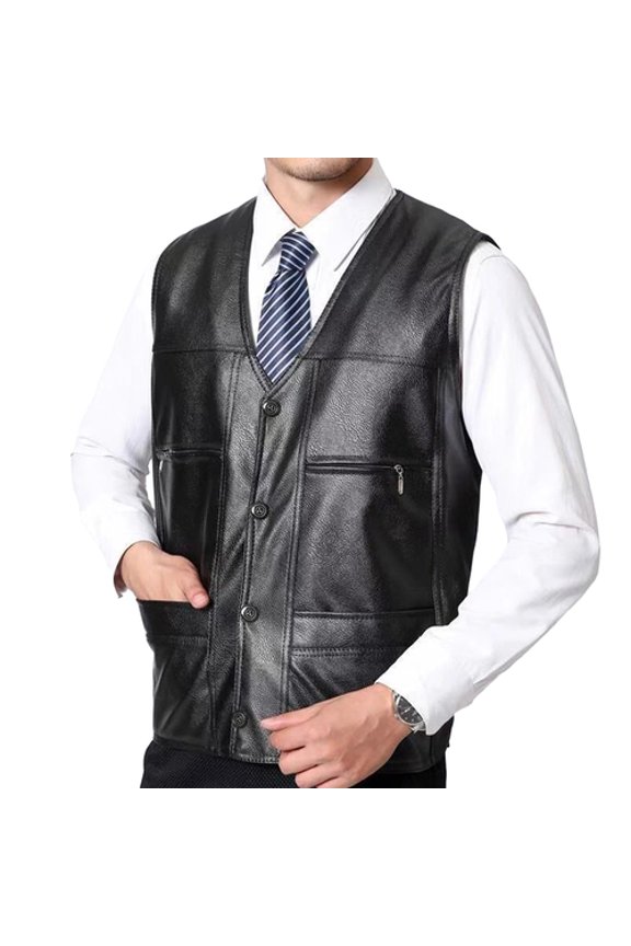 Men Fall Winter Vest Faux Leather Thick Plush V Neck Multi Pockets Sleeveless Single-breasted Warm Windproof Solid Color Mid-aged Men Father Waistcoat