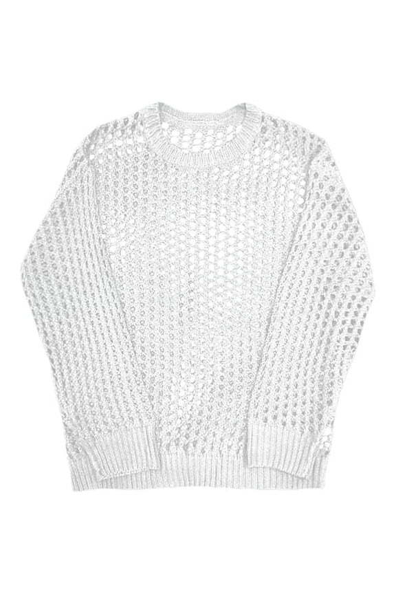 Men Hollow Top Mesh Fishnet Solid Color Round Neck Loose Long Sleeve Clubwear Hip Hop See-through Elastic Pullover Party Top