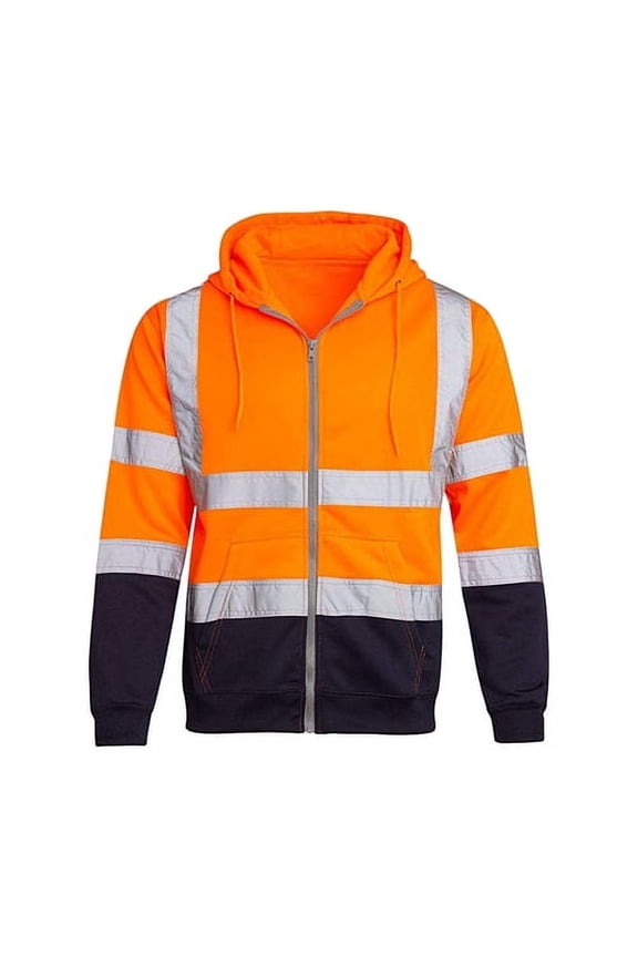 Men Hoodie Coat Reflective Strip Safe Warning Color Matching Drawstring Loose Zipper Closure Long Sleeve Warm Soft Sanitation Overalls Cold-Proof Outdoor Work Safety Jacket