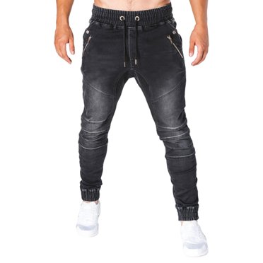 Skymirror Men Jeans Solid Color Pockets Summer Washable Ankle Tied Denim Pants Streetwear