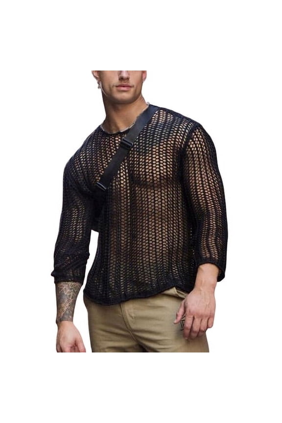 Men Mesh Top See Through Long Sleeves Round Neck Hollow-out Sexy Dress Up Polyester Men Bottoming Shirt Knitted Mesh Top Clothing for Male
