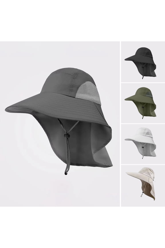 Men Outdoor Hat with Neck Cover Large Brim Hollow Mesh Windproof Chin Strap Anti-UV Sunscreen Great Breathability Camping Fishing Travel Cap