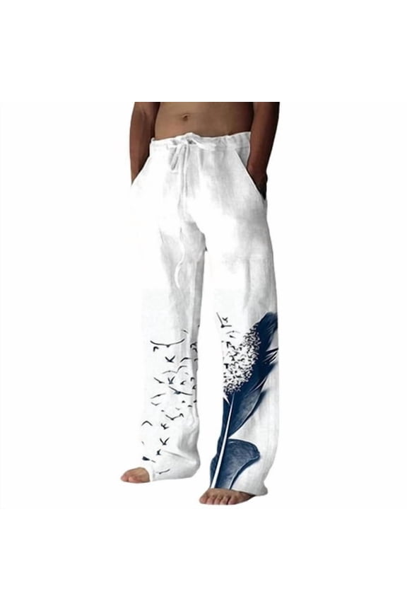 Men Pants Solid Color Flying Birds Print Summer Lace-up Elastic Waist Pants Streetwear