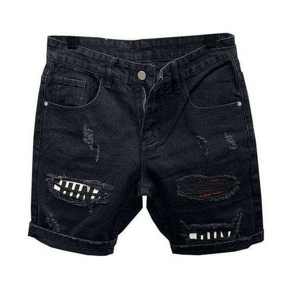 Skymirror Men Ripped Patchwork Denim Shorts Button Zipper Fly Pockets Straight Leg Fit Shorts Knee-Length Denim Short Pants Streetwear