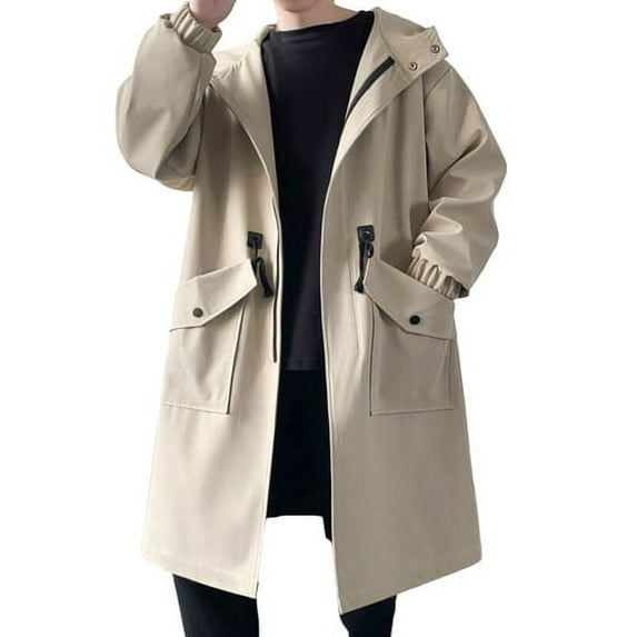 Skymirror Men Trench Coat Hooded Loose Mid Length Big Pockets Long Sleeve Windproof Solid Color Zipper Closure Anti-wrinkle Elastic Cuff Streetwear Men Coat