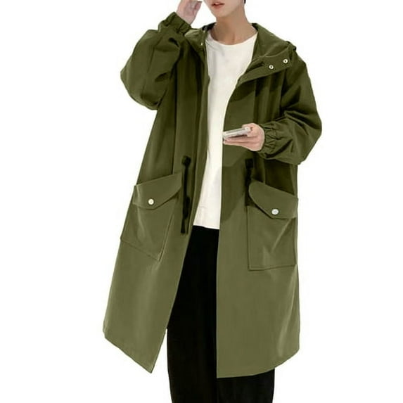 Skymirror Men Trench Coat Hooded Loose Mid Length Big Pockets Long Sleeve Windproof Solid Color Zipper Closure Anti-wrinkle Elastic Cuff Streetwear Men Coat