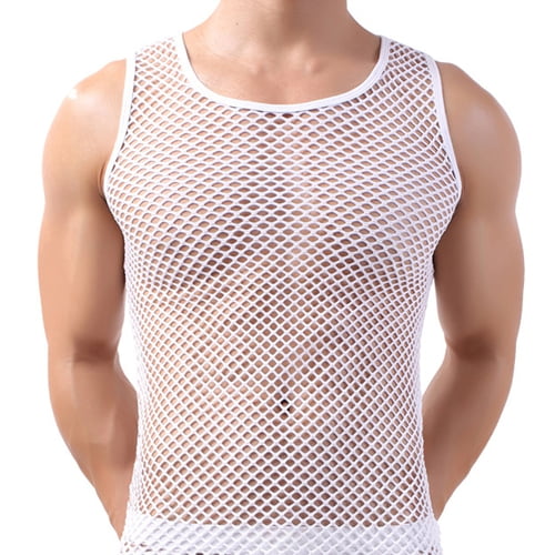 Skymirror Men Undershirt Mesh See-Through Sleepwear Fish Net Pure Color Vest for Sleeping