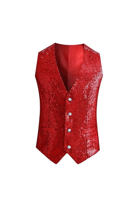 Men Vest Shiny Sequin Sleeveless Slim Fit Cardiagn Single-breasted V Neck Adjustable Back Buckle Stage Show Emcee Performance Men Waistcoat