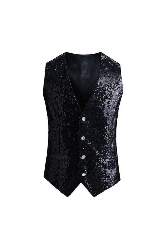 Men Vest Shiny Sequin Sleeveless Slim Fit Cardiagn Single-breasted V Neck Adjustable Back Buckle Stage Show Emcee Performance Men Waistcoat