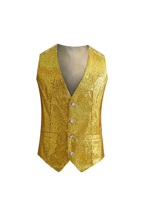 Men Vest Shiny Sequin Sleeveless Slim Fit Cardiagn Single-breasted V Neck Adjustable Back Buckle Stage Show Emcee Performance Men Waistcoat
