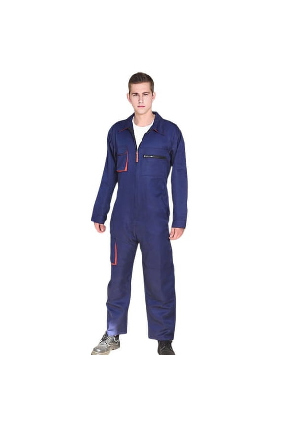 Men Work Overall Uniform Lapel Long Sleeve Stain-Resistant Zipper Design Pockets Jumpsuit Loose Fit Work Uniform Streetwear