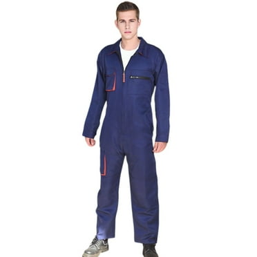 Skymirror Men Work Overall Uniform Lapel Long Sleeve Stain-Resistant Zipper Design Pockets Jumpsuit Loose Fit Work Uniform Streetwear