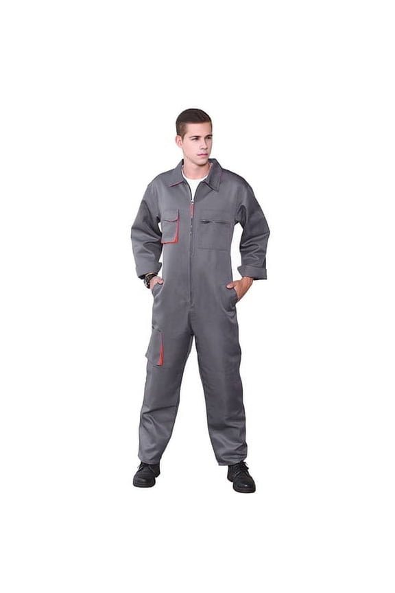 Men Work Overall Uniform Lapel Long Sleeve Stain-Resistant Zipper Design Pockets Jumpsuit Loose Fit Work Uniform Streetwear