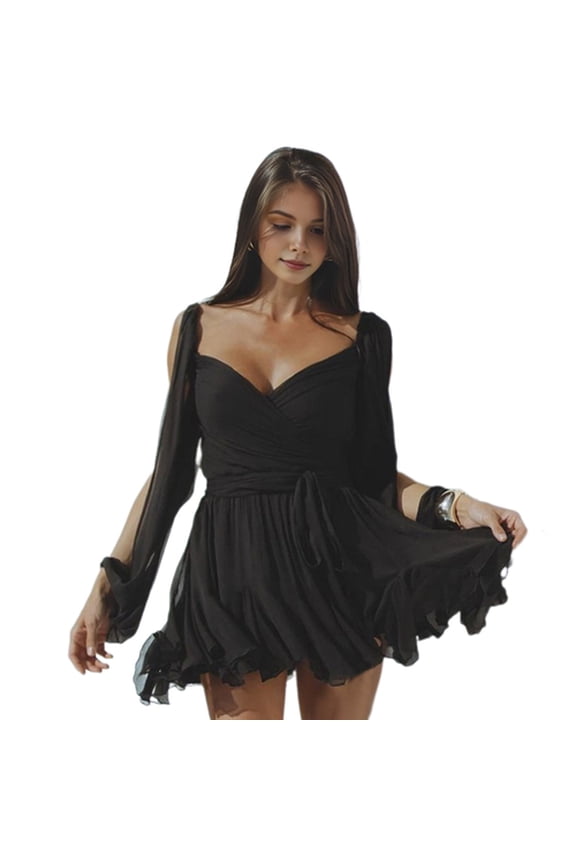 Party Dress Long Slit Lantern Sleeves Leopard Print Low-cut V Neck Ruffle Tight Waist A-line Cross Wrapped Lace-up Pleated Club Promm Mini Dres