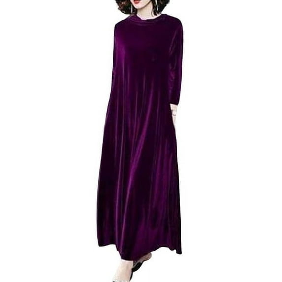 Skymirror Pile Collar Long Sleeves Pockets A-Line Women Dress Spring Autumn Pleated Loose Hem Solid Color Velvet Maxi Dress