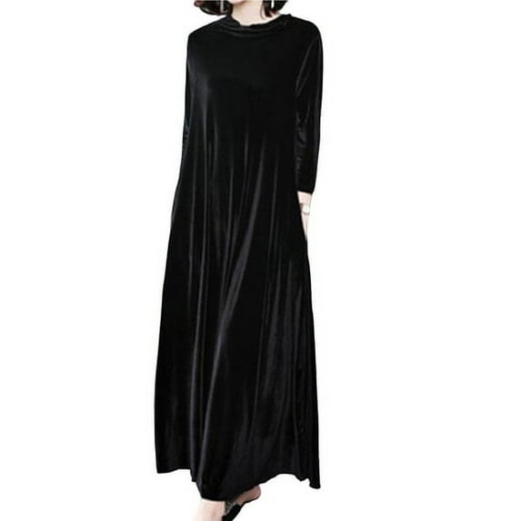 Skymirror Pile Collar Long Sleeves Pockets A-Line Women Dress Spring Autumn Pleated Loose Hem Solid Color Velvet Maxi Dress