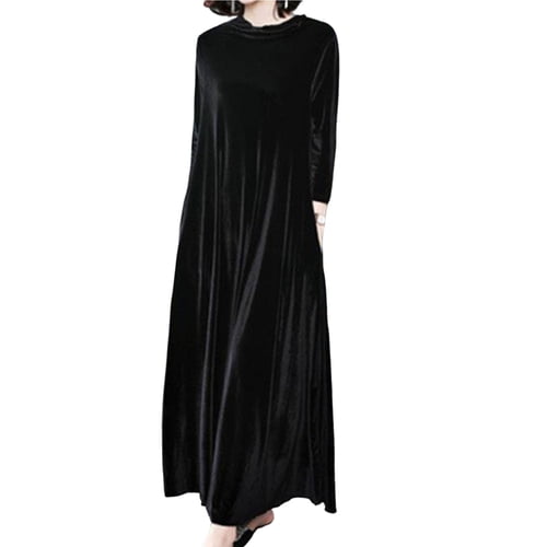 Skymirror Pile Collar Long Sleeves Pockets A-Line Women Dress Spring Autumn Pleated Loose Hem Solid Color Velvet Maxi Dress