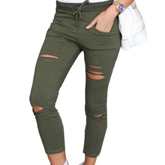 Skymirror Plus Size Solid Color Drawstring High Waist Pencil Pants Ripped Skinny Leggings